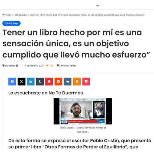 Reseña de Crítica No Especializada sobre Otras Formas de Perder el Equilibrio de Pablo Cristin, editado por Petricor Ediciones